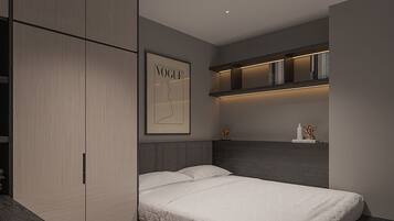 A modern bedroom with a bed, a wardrobe, and a shelf with books and decorative items.