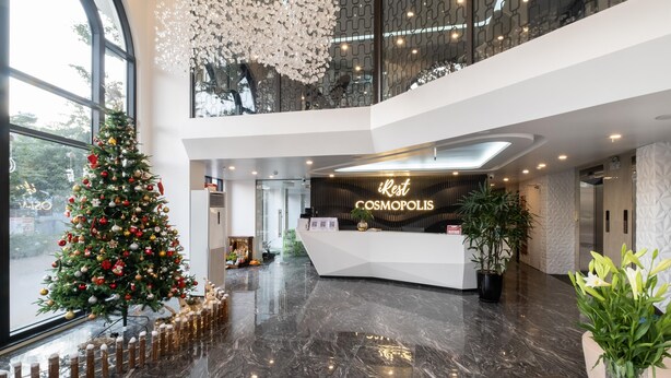 A modern hotel lobby with a Christmas tree, a reception desk, and a large window overlooking the street.