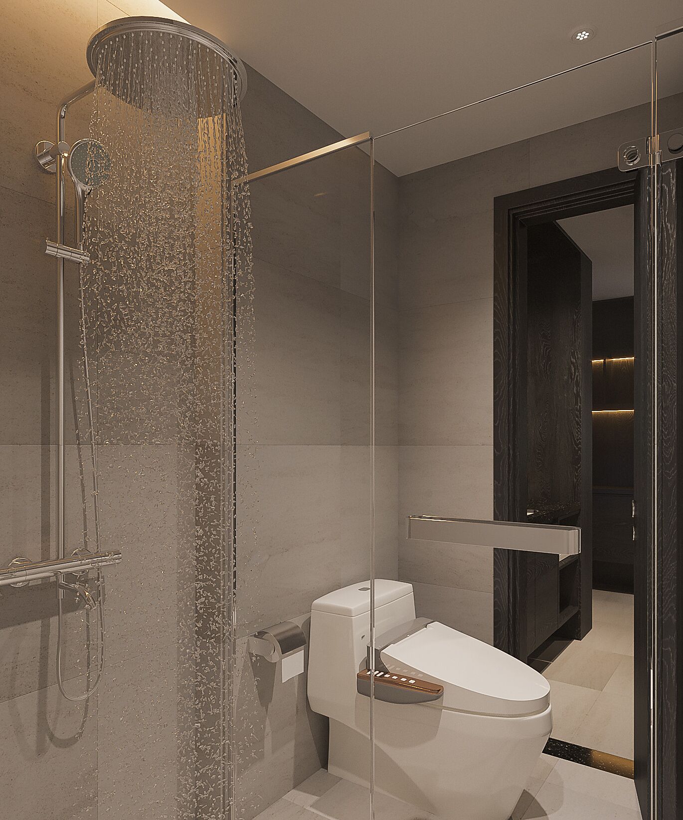 Et moderne badeværelse med en glasafskærmet brusekabine, et hvidt toilet og en mørk trædør.