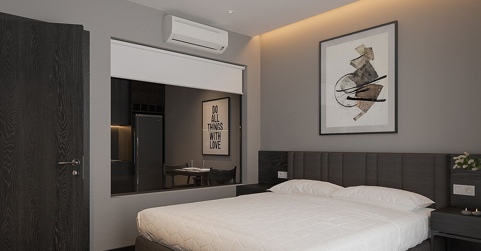 Un dormitorio moderno con una cama grande, una mesita de noche, aire acondicionado montado en la pared, una obra de arte enmarcada y un espejo con una frase motivacional.
