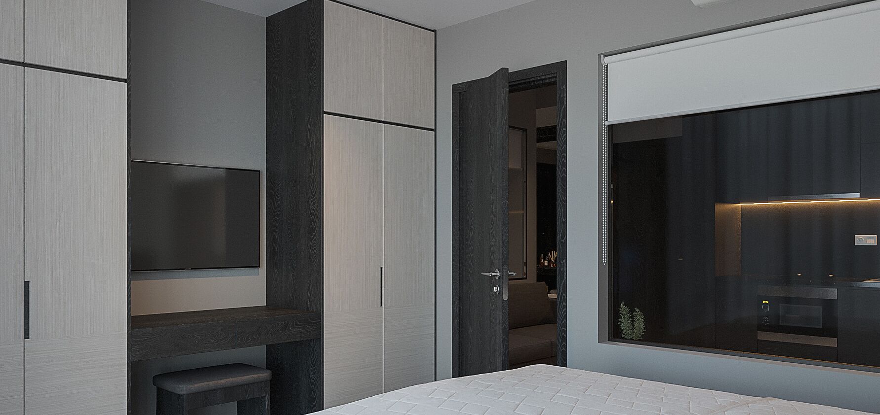 A modern bathroom with a large mirror, a built-in toilet, and a shower area.