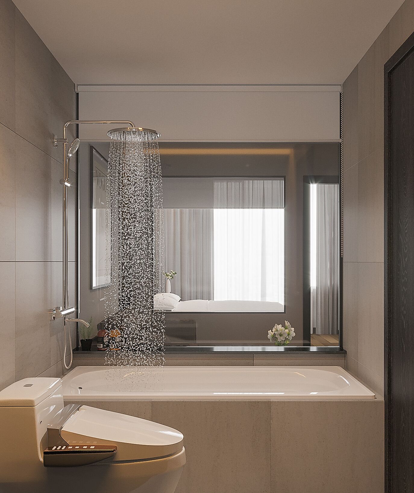 A modern bathroom with a bathtub, a shower, and a large mirror reflecting a bedroom with a bed and curtains.