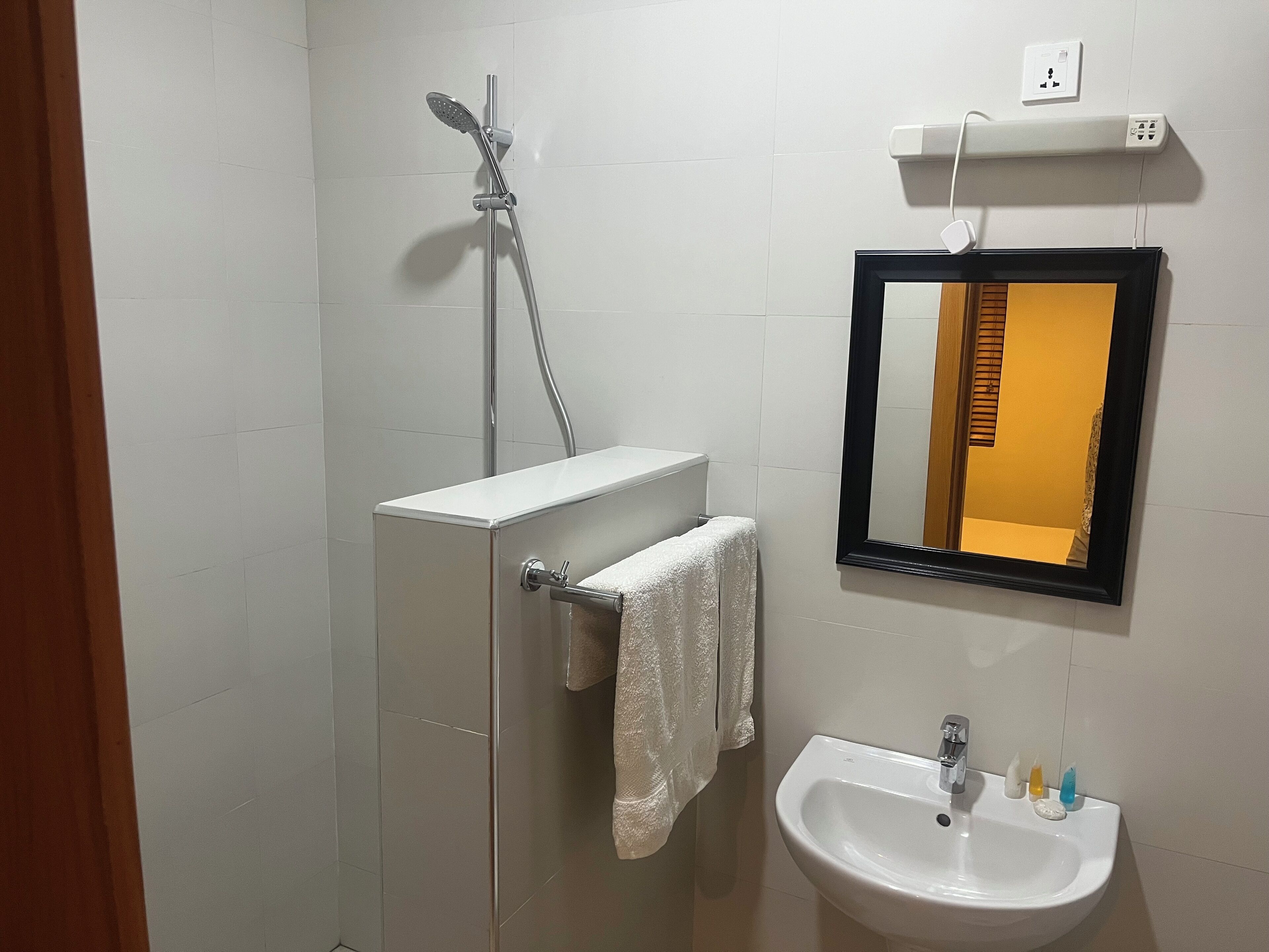 Une salle de bain avec une douche à parois de verre, un lavabo blanc agrémenté d’articles de toilette et un miroir avec un cadre noir.
