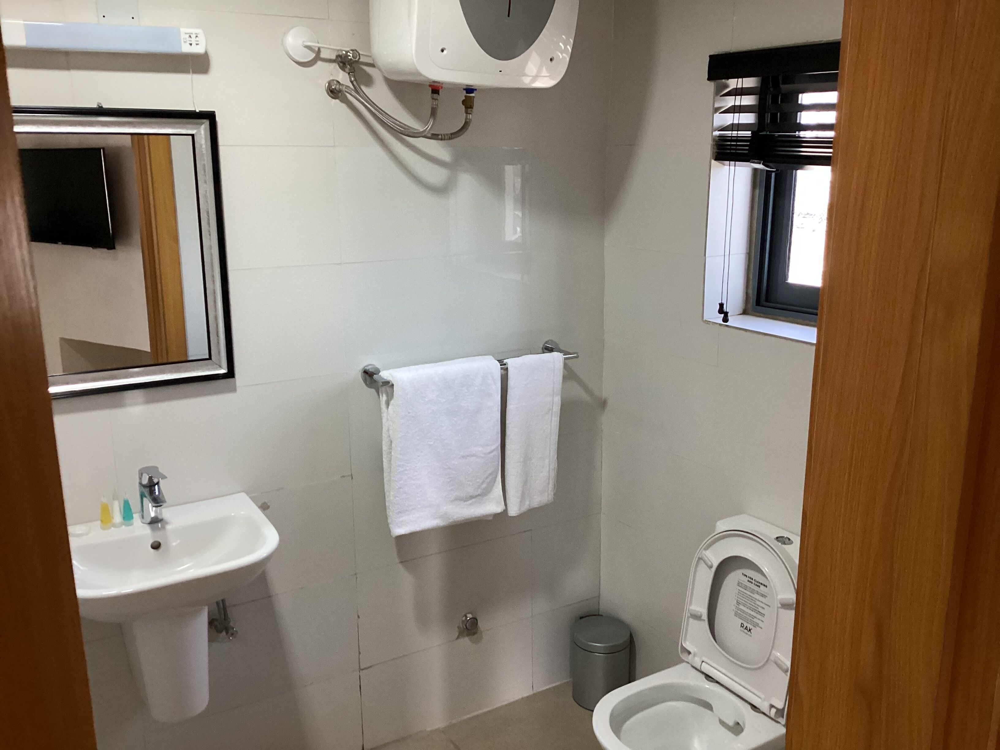 A bathroom with a sink, a toilet, and a mirror.