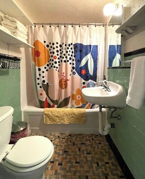 Ein Badezimmer mit Toilette, Waschbecken und Duschvorhang.
