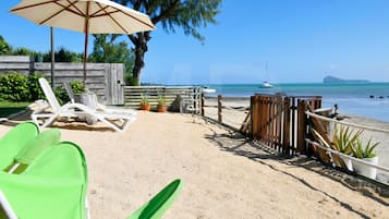 On the beach, sun-loungers, beach towels