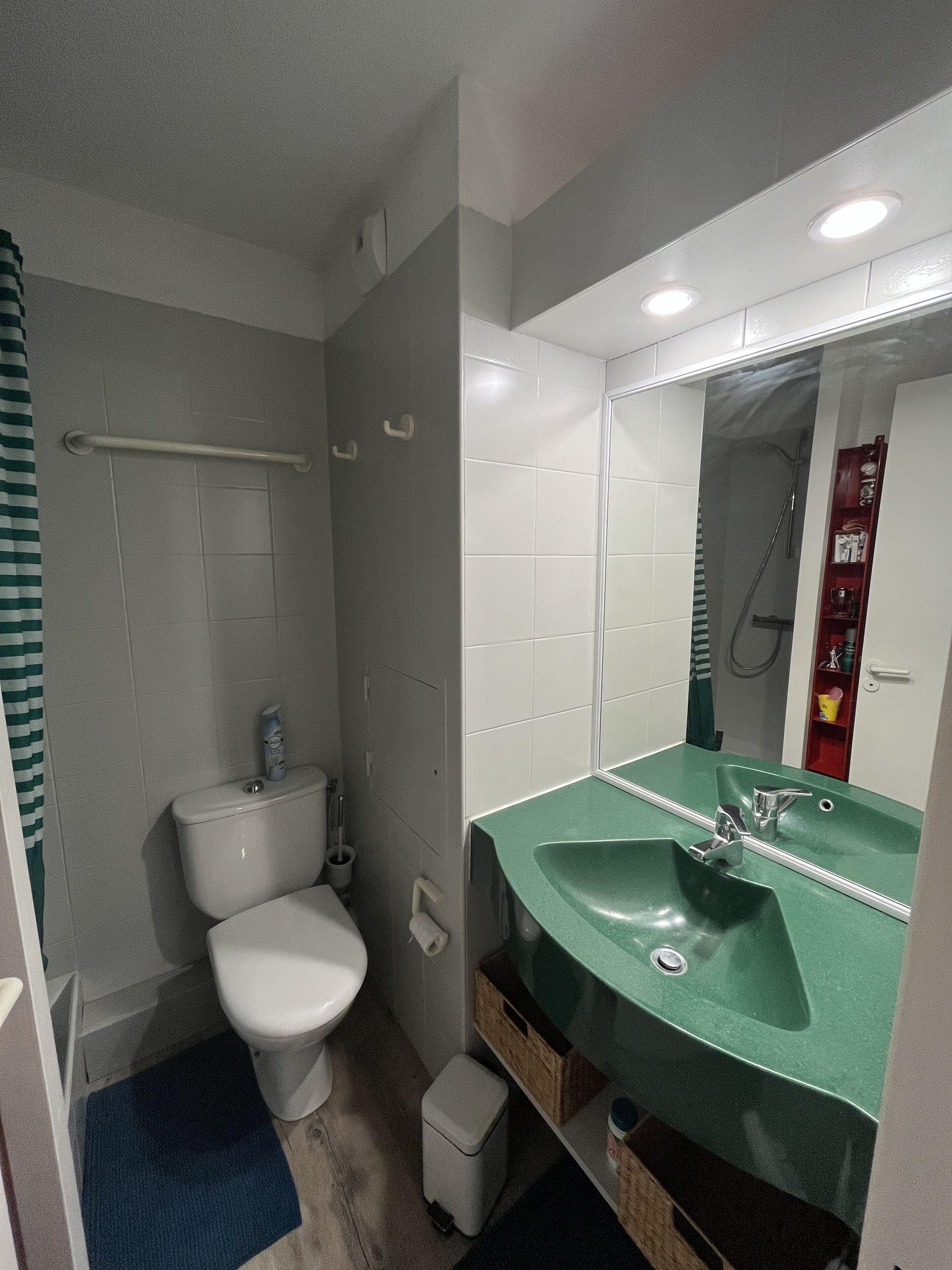 Een badkamer met een wit toilet, een groene wastafel en een douche.