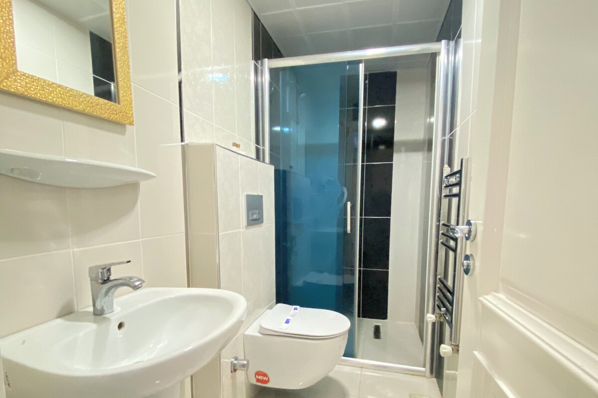 A modern bathroom with a white sink, a toilet, and a glass shower enclosure.
