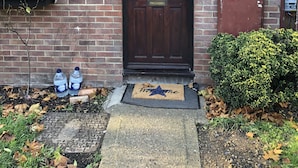 A brick house with a dark brown front door, a small window, and a mailbox.