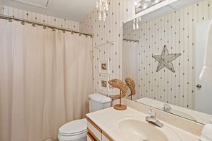 Bañera con ducha, secador de pelo, toallas