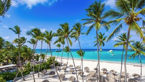 A beach with palm trees, thatched umbrellas, and a clear blue sky. - Stunning Ocean View Condo in Punta Cana (Punta Cana)