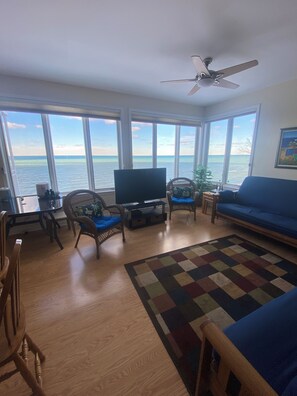 A living room with a television, wicker chairs, a blue sofa, a ceiling fan, and large windows overlooking the sea. - 🏖️Sleepy Hollow Beach Resort, Shore 46 – Family Fun on Lake Michigan! (South Haven)