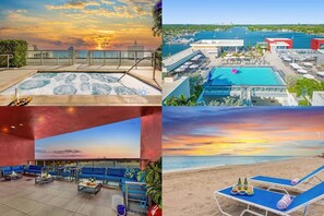 A rooftop pool with a sunset view, a poolside lounge area, and a beachside lounge with sun loungers. - Seaside Gemstone Studio Escape (Hollywood)