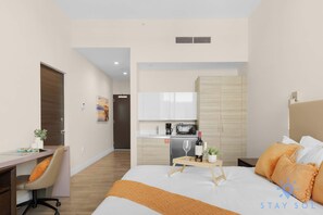 Desk, iron/ironing board, travel crib, WiFi