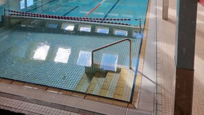 Ein Hallenbad mit deutlich abgetrennten Bahnen, gefliestem Boden und einer Holzdecke.