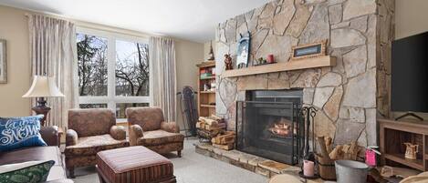 TV, caminetto, libri