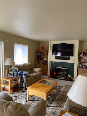 TV connectée, cheminée, lecteur de DVD, vidéothèque