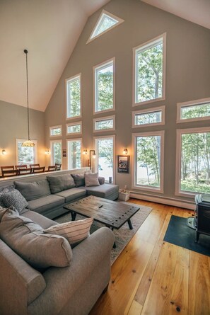 Smart TV, chimenea y libros 