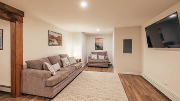 Smart TV, fireplace, books