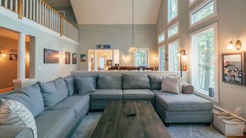 Smart TV, fireplace, books