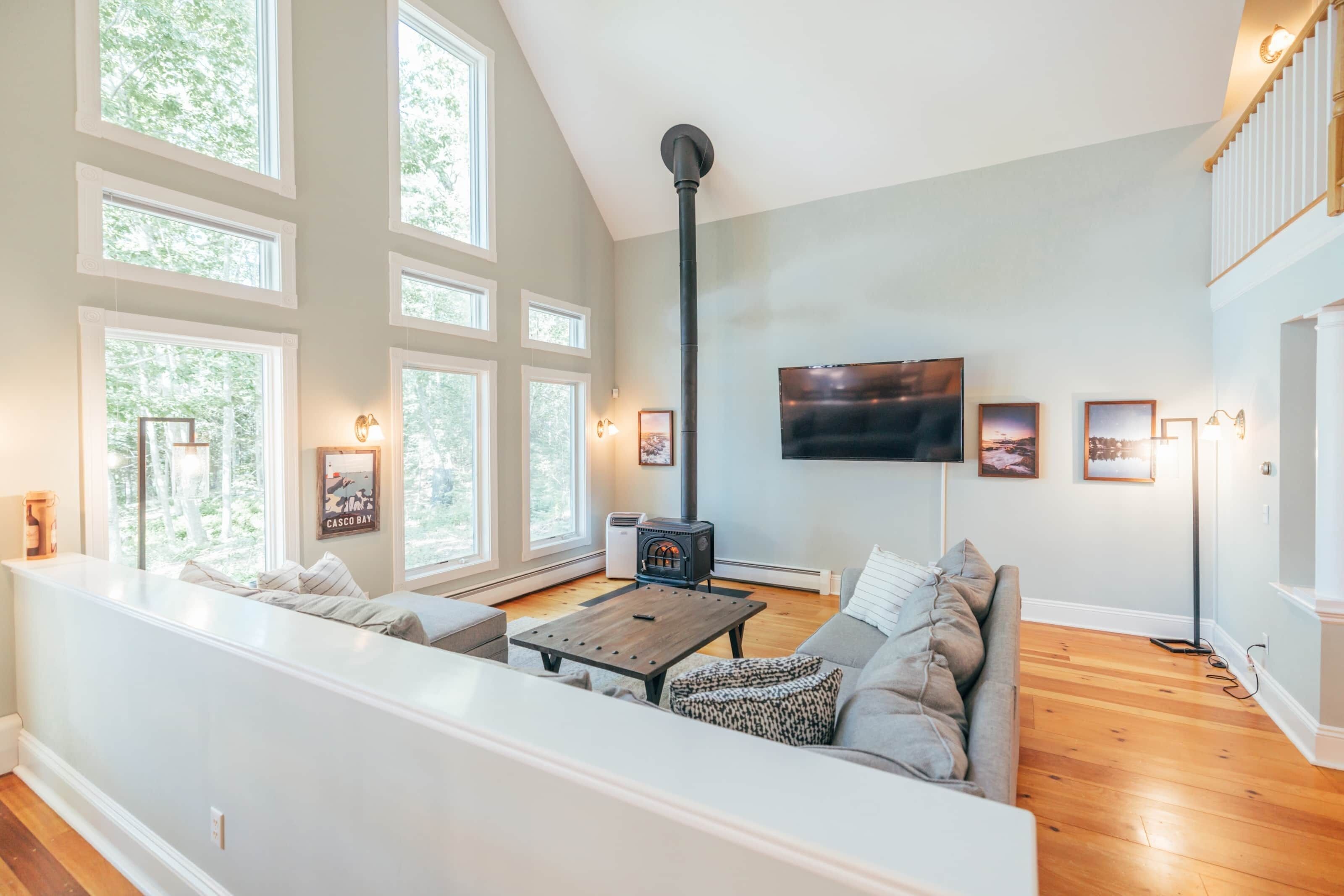 Smart TV, fireplace, books