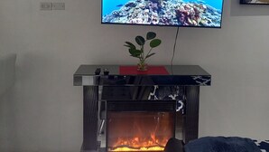 Ein Wohnzimmer mit flachbildfernseher an der Wand, Kamin mit sichtbarem Feuer und Blumentopf auf einem roten Regal.