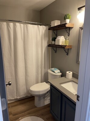 Duschwanne, Haartrockner, Handtücher, Seife