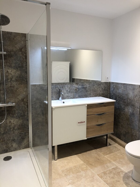 A modern bathroom with a glass shower enclosure, a white sink with a mirror above, and a toilet.