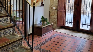 A staircase with patterned tiles, a wooden bench with plants, a painting on the wall, and a view through a wooden door with metal bars. - Rural tourist apartment with spa area. Main Square. PB. Sant Jordi (Sant Jordi)