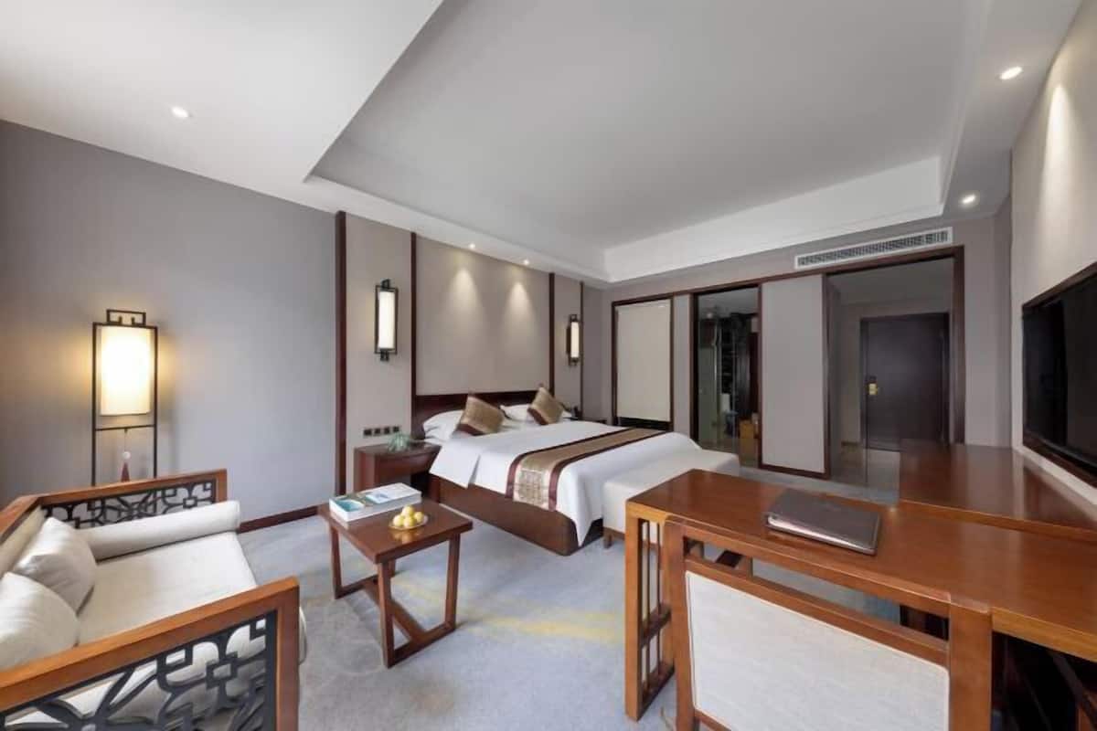 Une chambre d’hôtel avec un lit, un canapé, un bureau et une télévision.