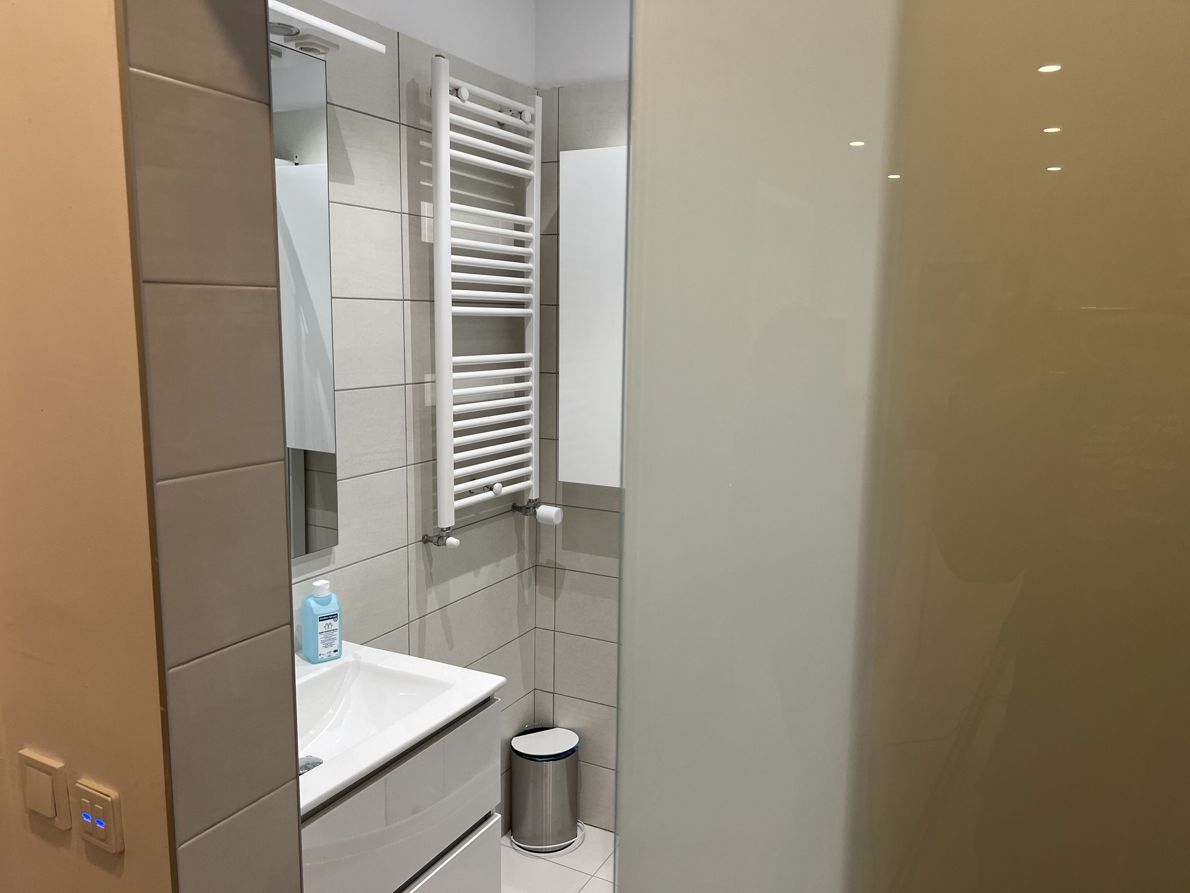 A modern bathroom with a white sink, a mirror, a towel rack, and a trash bin.