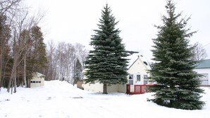 Un quartier résidentiel enneigé, avec deux arbres à feuilles persistantes et une maison entourée d’une clôture rouge.