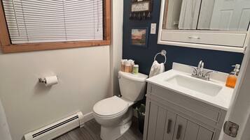 Combined shower/tub, hair dryer, towels, soap