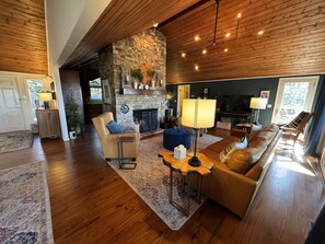 Smart TV, fireplace, books