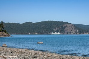 A rocky shoreline with a calm body of water, a large cruise ship in the distance, and a forested hill in the background.