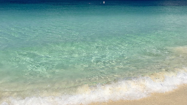 Une plage à l’eau turquoise et limpide, bordée d’un rivage sablonneux.