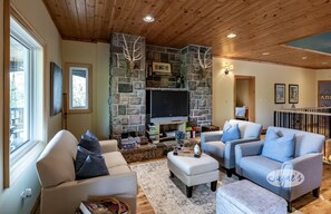 Télévision, cheminée, chaîne hi-fi