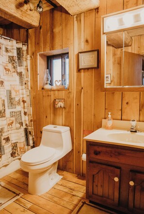 Baño de cabaña de madera con inodoro, lavamanos y ventana con marco de fotos.