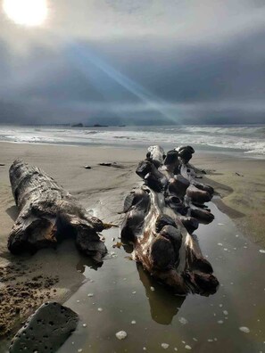 A beach with large rocks and a ship in the distance. - Aptos Beach Retreat Hot Tub & 5 Min Walk to Sand (Aptos)
