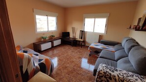 Un salon avec un canapé, un téléviseur, une petite table et une chaise. Il y a deux fenêtres équipées de stores, un radiateur et une plante posée sur le rebord de la fenêtre.
