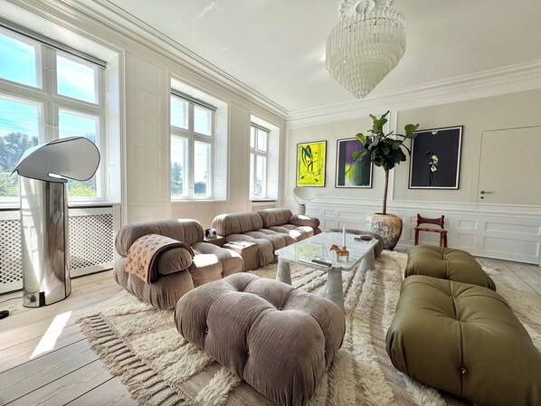 Smart TV, fireplace, video games, DVD player