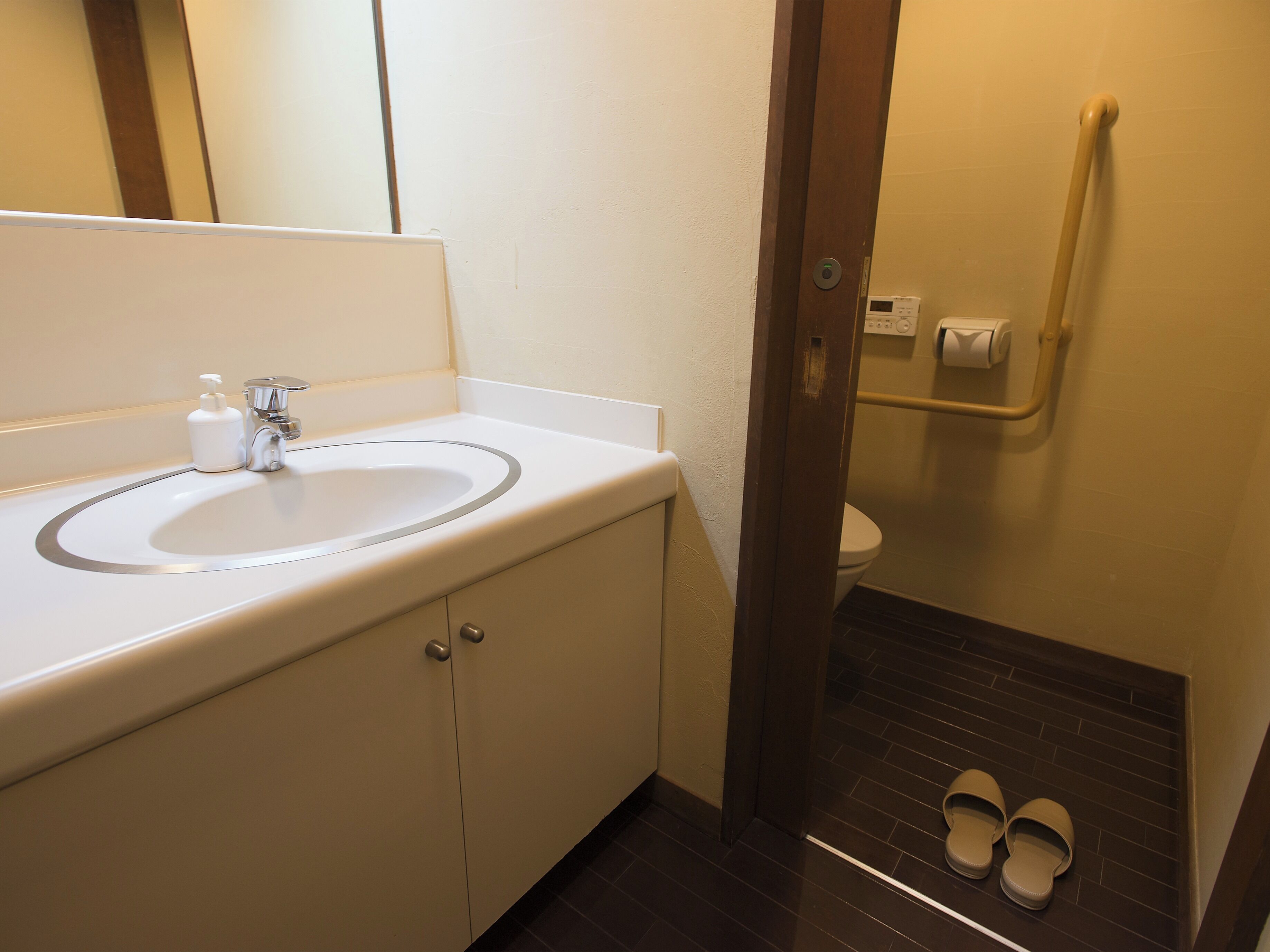 A bathroom with a sink, toilet, and a handrail.