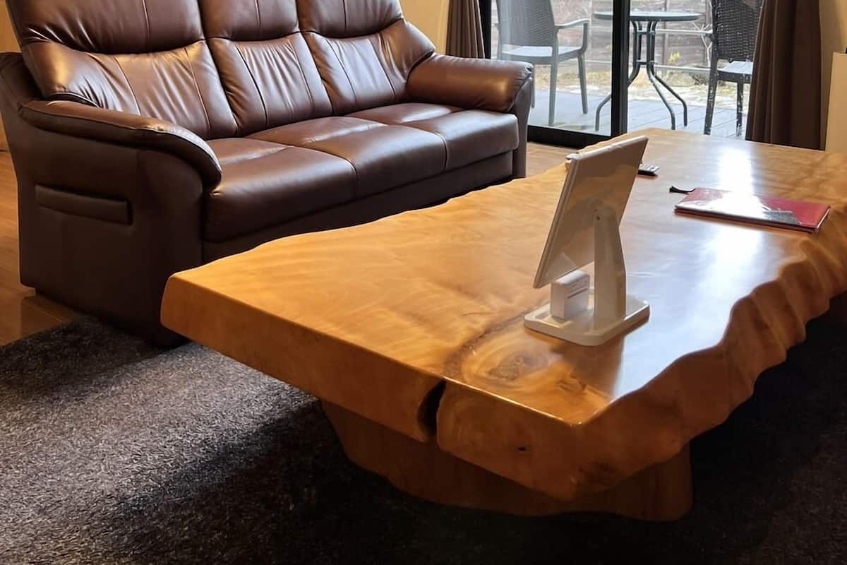 Une pièce avec un canapé en cuir marron, une table basse en bois et une vue sur des meubles d’extérieur, visible à travers une grande fenêtre.