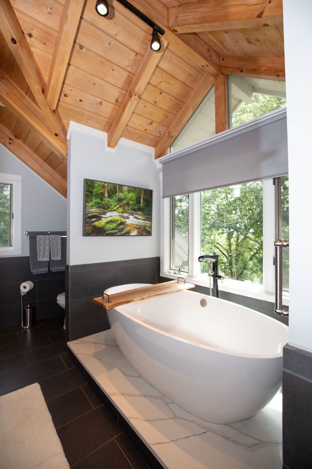 Bathtub, hair dryer, towels, soap