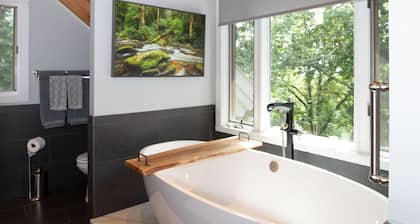 Modern Lodge close to Asheville NC with mountain views, hot tub & fire pit.