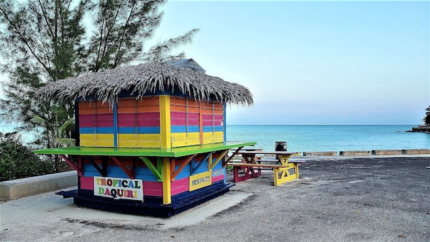 En färgglad strandstuga med ett halmtak, märkt med texten ”Tropical Daquiri”, och en skylt som visar att man säljer färska frukter här.