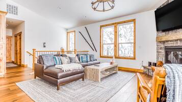 Een televisie, een open haard, een dvd-speler en boeken