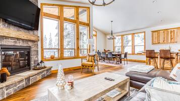 TV, fireplace, DVD player, books