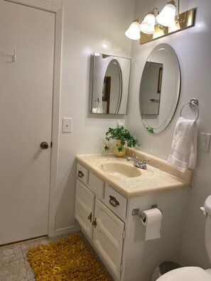 Combined shower/bathtub, hair dryer, towels, soap