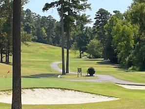 A golf course with sand bunkers, a flagstick, and a flag.